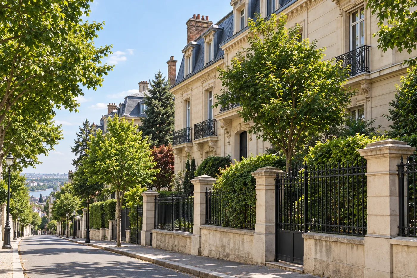 Rue résidentielle des coteaux de Saint-Cloud bordée de villas en pierre, de grilles en fer forgé et d'arbres